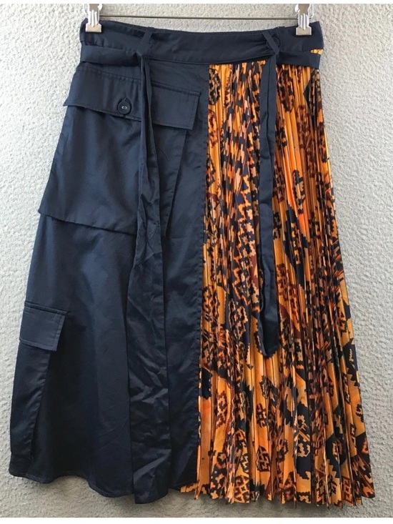Eva Franco Dresses & Skirts - NWT, Eva Franco Orange and Navy Pleated Midi Skirt with Cargo Pockets